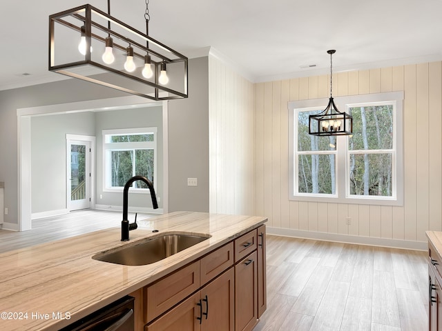 kitchen featuring a healthy amount of sunlight, light wood-type flooring, sink, and hanging light fixtures