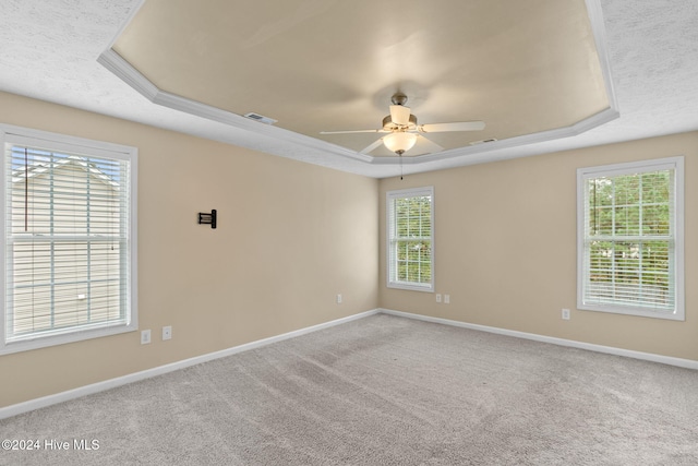 empty room with carpet floors, a tray ceiling, and ceiling fan