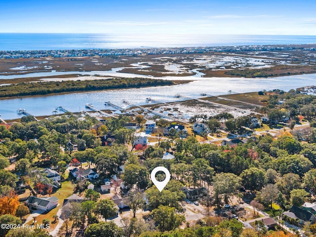 drone / aerial view featuring a water view