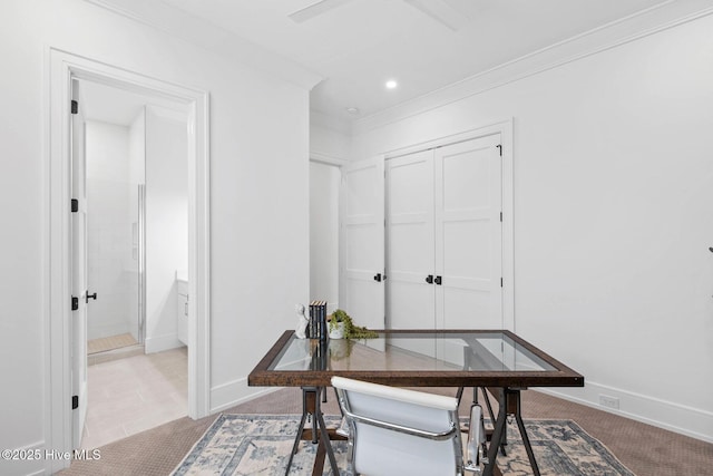 office space with baseboards, ornamental molding, and recessed lighting