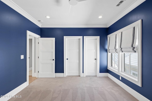 unfurnished bedroom featuring carpet flooring, baseboards, ornamental molding, and recessed lighting