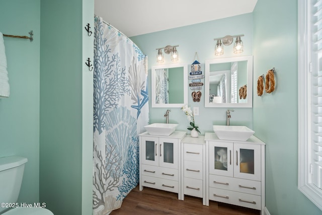 bathroom featuring double vanity, wood finished floors, a sink, and toilet