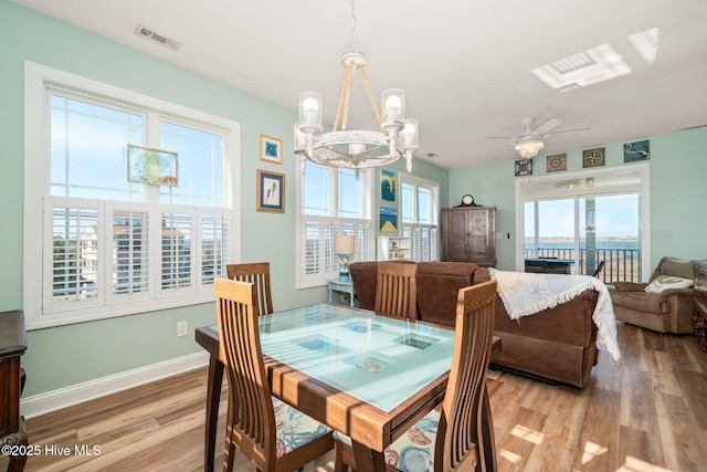 dining area with a healthy amount of sunlight, light wood-type flooring, visible vents, and baseboards