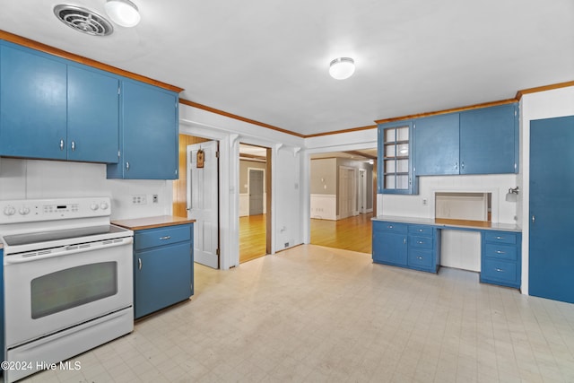 kitchen with blue cabinets and white electric range