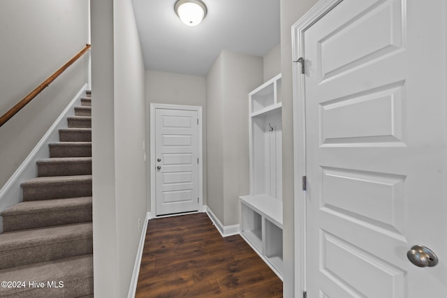 mudroom featuring dark wood-type flooring