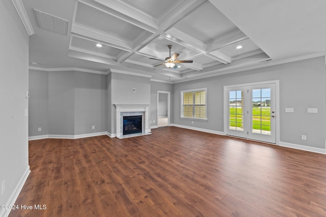 unfurnished living room featuring ceiling fan, coffered ceiling, a premium fireplace, beamed ceiling, and crown molding