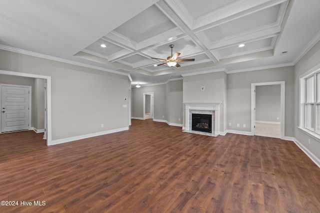 unfurnished living room featuring coffered ceiling, ceiling fan, ornamental molding, a fireplace, and beam ceiling