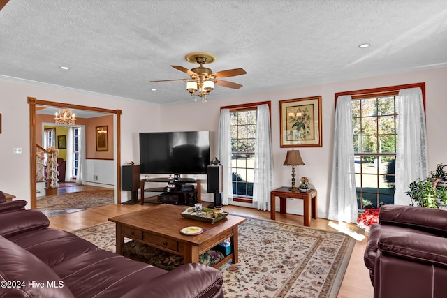 living room with a wealth of natural light, light hardwood / wood-style flooring, and a textured ceiling