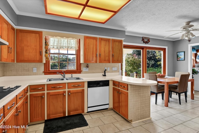 kitchen with tasteful backsplash, a wealth of natural light, sink, and white appliances