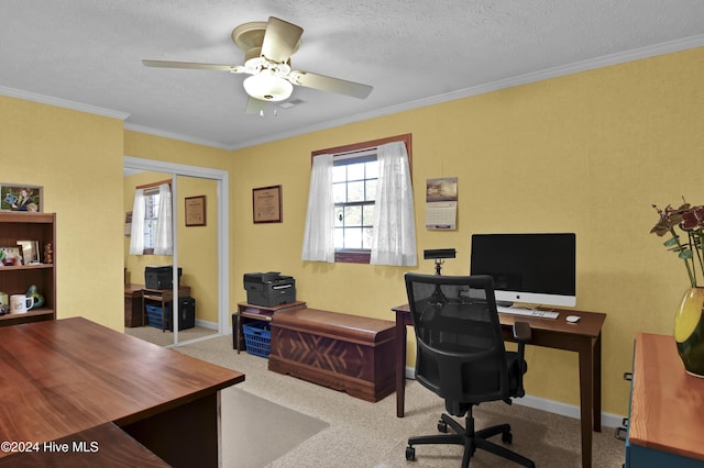 office area featuring light carpet, a textured ceiling, ceiling fan, and ornamental molding