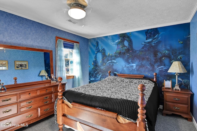 bedroom with carpet flooring, ceiling fan, crown molding, and a textured ceiling