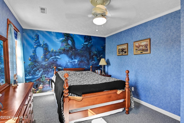 carpeted bedroom with a textured ceiling, ceiling fan, and crown molding