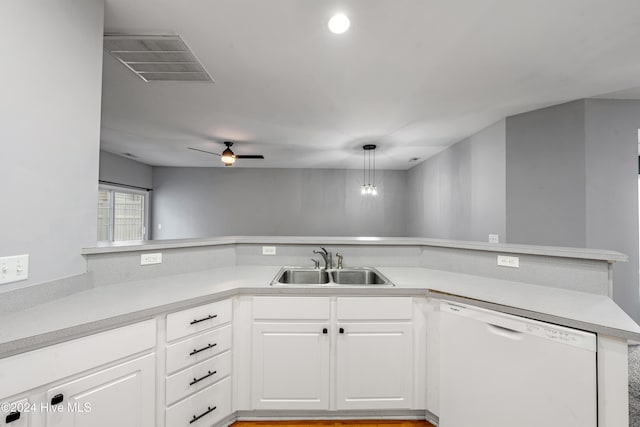 kitchen featuring ceiling fan, sink, decorative light fixtures, dishwasher, and white cabinetry