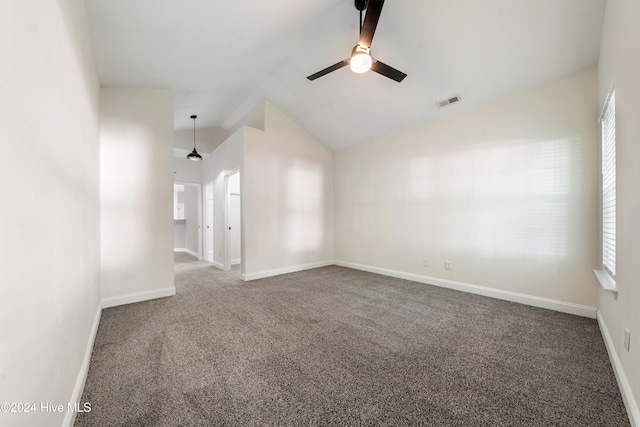 unfurnished room with carpet floors, ceiling fan, and lofted ceiling