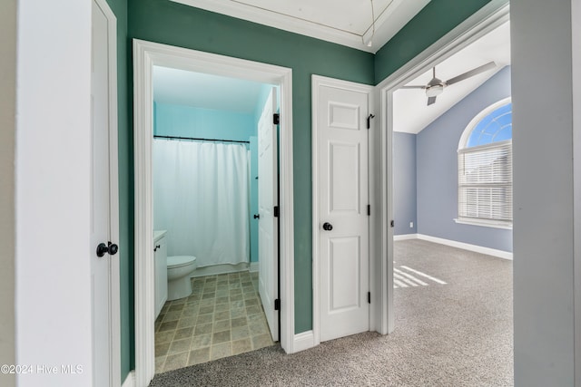 hallway featuring carpet flooring and lofted ceiling