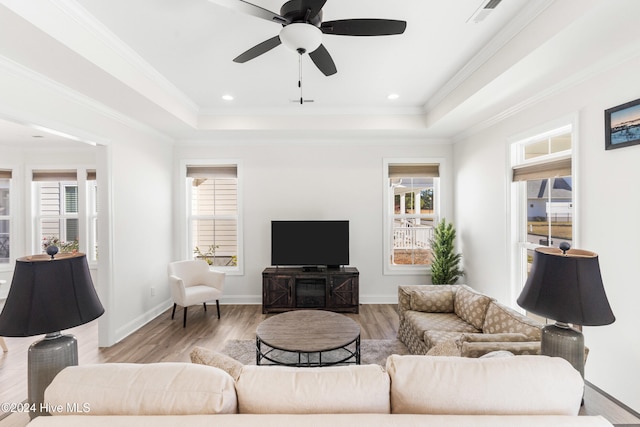 living room featuring light hardwood / wood-style floors, ceiling fan, and crown molding