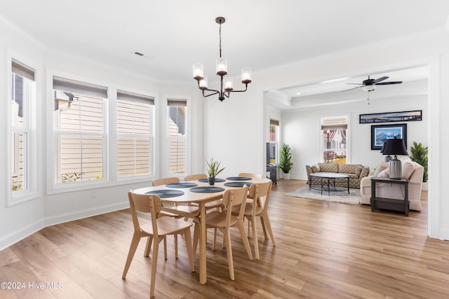 dining space with ceiling fan with notable chandelier, ornamental molding, and light hardwood / wood-style flooring