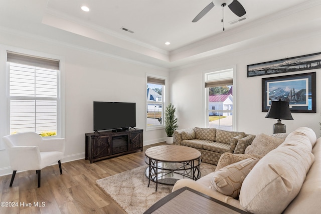 living room featuring light hardwood / wood-style floors, a wealth of natural light, crown molding, and a tray ceiling