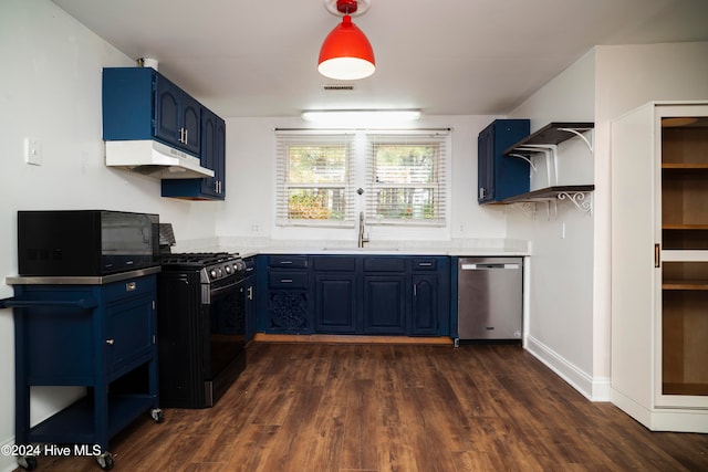 kitchen with blue cabinetry, dark hardwood / wood-style floors, stainless steel dishwasher, and black range with gas cooktop