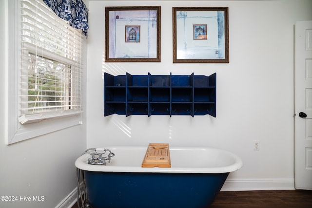 bathroom with a washtub and hardwood / wood-style flooring