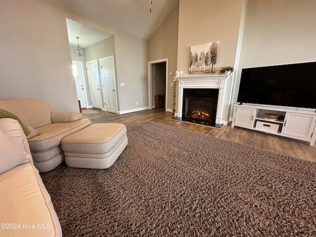 living room featuring dark hardwood / wood-style flooring and high vaulted ceiling