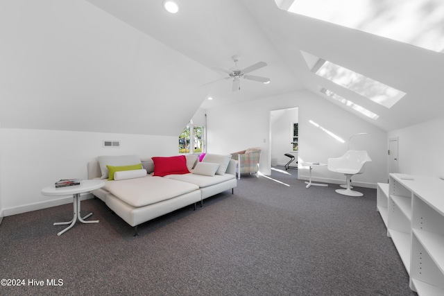 office featuring carpet and lofted ceiling with skylight