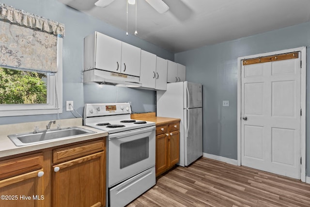 kitchen featuring white cabinetry, sink, ceiling fan, hardwood / wood-style floors, and white appliances