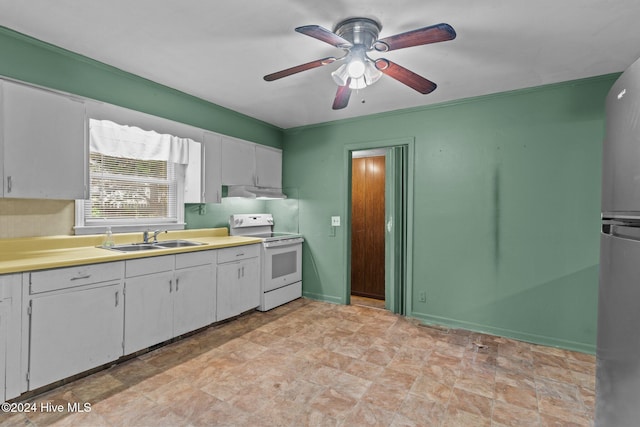 kitchen with white cabinets, ceiling fan, white electric range, and sink