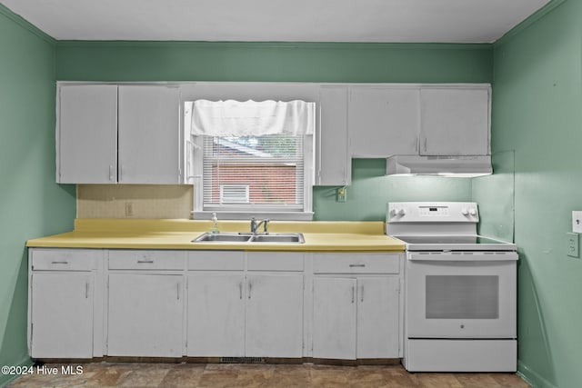 kitchen with white range with electric stovetop, white cabinetry, and sink