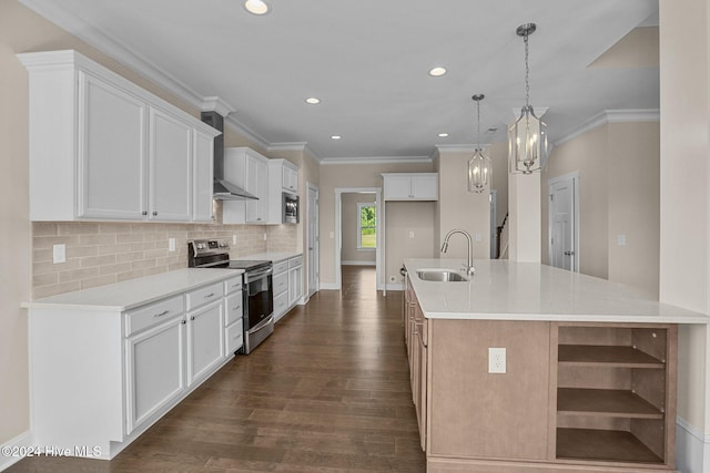 kitchen with sink, a kitchen island with sink, appliances with stainless steel finishes, white cabinets, and wall chimney exhaust hood