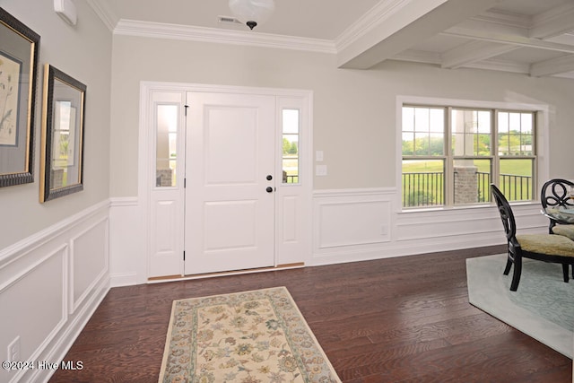 foyer with dark wood-type flooring, beamed ceiling, crown molding, and coffered ceiling