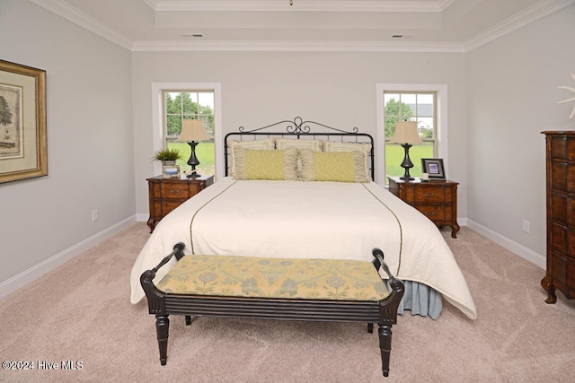 bedroom featuring crown molding, light colored carpet, and a tray ceiling