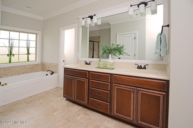 bathroom with vanity, ornamental molding, and independent shower and bath