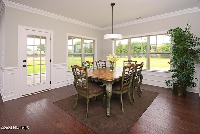 dining room with a wealth of natural light, crown molding, and dark hardwood / wood-style flooring