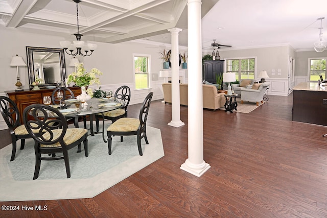 dining room with ornate columns, an inviting chandelier, coffered ceiling, ornamental molding, and beamed ceiling