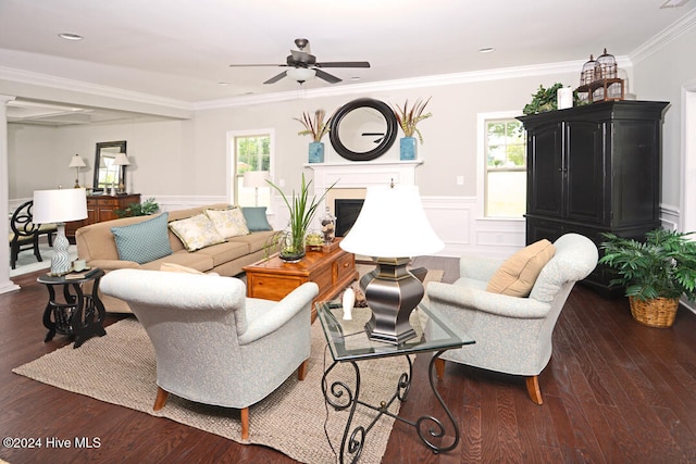 living room featuring plenty of natural light, ceiling fan, ornamental molding, and dark hardwood / wood-style flooring