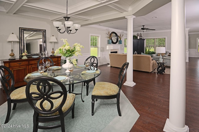 dining room featuring coffered ceiling, dark hardwood / wood-style flooring, crown molding, ceiling fan with notable chandelier, and beamed ceiling