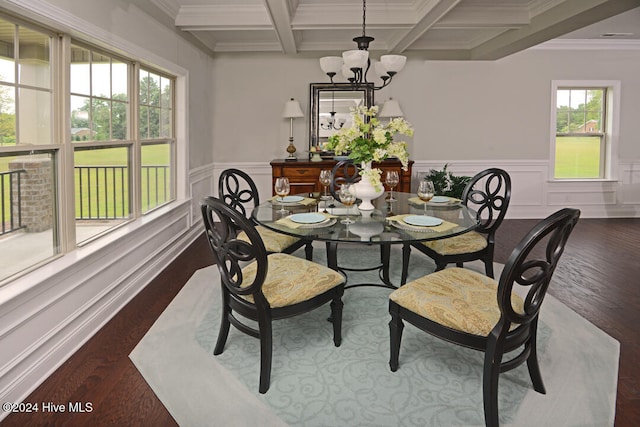 dining room with crown molding, beam ceiling, a chandelier, and coffered ceiling