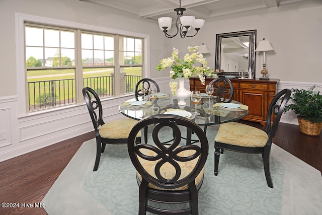 dining room with dark hardwood / wood-style floors, a chandelier, beam ceiling, and coffered ceiling