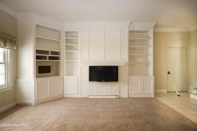 unfurnished living room featuring light colored carpet and crown molding