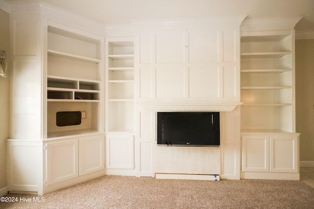 unfurnished living room with light carpet and crown molding