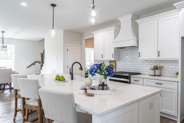 kitchen with stainless steel appliances, wood finished floors, white cabinets, backsplash, and custom exhaust hood