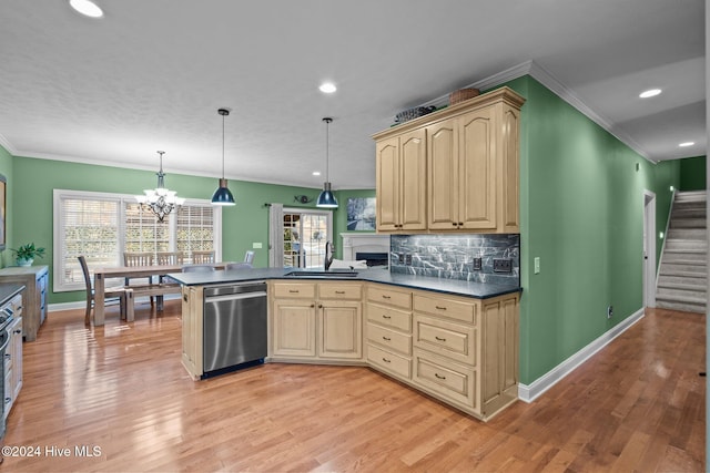 kitchen with decorative backsplash, sink, decorative light fixtures, a notable chandelier, and dishwasher