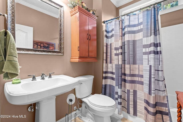 bathroom featuring toilet and crown molding