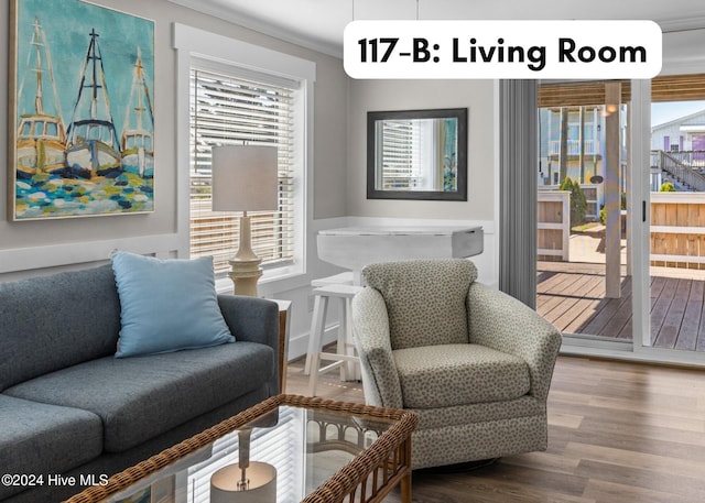 living area featuring crown molding and wood finished floors