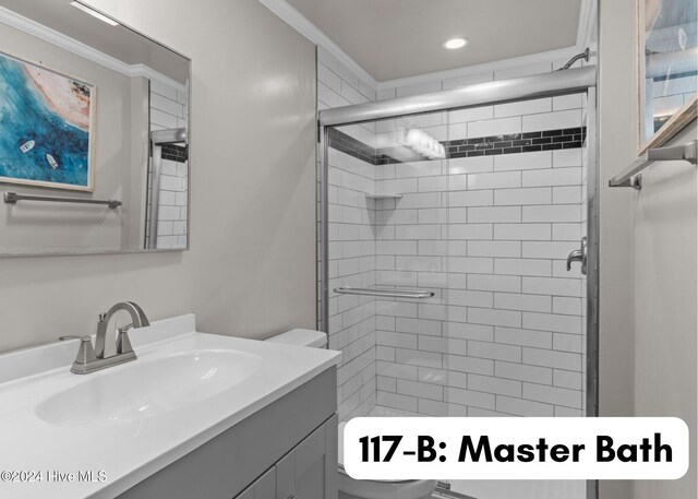 117 W Bogue Blvd, Atlantic Beach, NC 28512 - full bathroom with a stall shower, crown molding, vanity, and recessed lighting