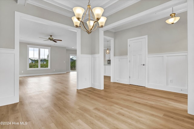 interior space featuring crown molding, light hardwood / wood-style floors, and ceiling fan with notable chandelier