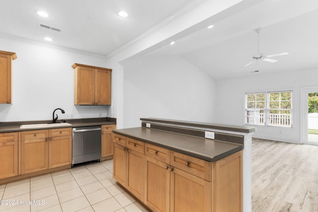 kitchen featuring ceiling fan, dishwasher, sink, light tile patterned floors, and ornamental molding