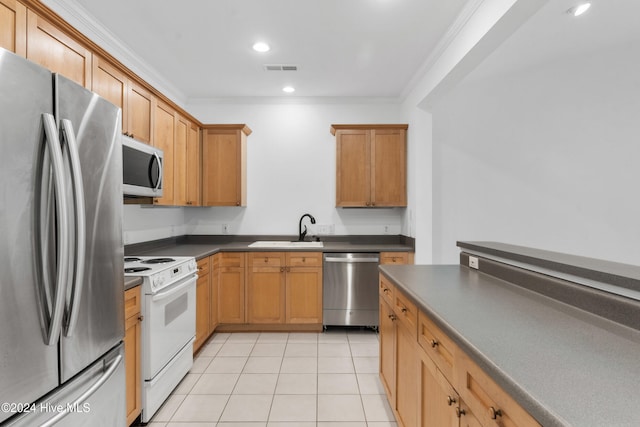 kitchen featuring appliances with stainless steel finishes, light tile patterned floors, ornamental molding, and sink