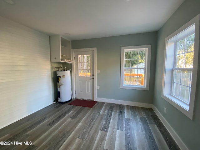 interior space with dark hardwood / wood-style floors, a healthy amount of sunlight, and water heater